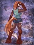 2014 anthro biped blue_bottomwear blue_clothing brown_fur clothed clothing denim_shorts digital_media_(artwork) ears_back equine fangs feathering female full-length_portrait fur furgonomics green_clothing green_eyes green_topwear hair hand_on_head horse long_hair long_tail looking_at_viewer looking_back mammal multicolored_fur multicolored_hair multicolored_tail orange_hair orange_tail pinup portrait pose rear_view sabretoothed_ermine shirt shorts signature simple_background snout solo standing tail_clothing tank_top textured_background two_tone_fur two_tone_hair two_tone_tail white_fur white_hair white_tail 
