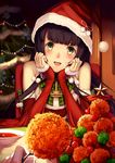  :d absurdres anchor bangs bare_shoulders black_hair blurry blush bow chair christmas christmas_tree detached_sleeves eyebrows_visible_through_hair food food_request fur_trim green_bow green_eyes hair_ornament hands_on_own_cheeks hands_on_own_face hat head_rest highres holding indoors kantai_collection kirieroido_iii long_hair looking_at_viewer mizuho_(kantai_collection) open_mouth out_of_frame plaid plaid_bow plate pom_pom_(clothes) pov pov_hands red_hat red_ribbon restaurant ribbon santa_costume santa_hat smile solo_focus soup star tongue upper_body very_long_hair wall 