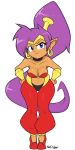  2018 blue_eyes breasts capcom cleavage clothed clothing ear_piercing eyelashes female footwear genie hair hi_res humanoid long_hair looking_at_viewer mehdrawings navel not_furry piercing pointy_ears ponytail pouting purple_hair shantae shantae_(series) signature simple_background solo video_games wayforward white_background 
