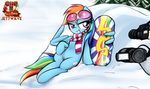  2016 blue_feathers blue_fur camera clitoris clothed clothing cutie_mark equine feathered_wings feathers female feral friendship_is_magic fur grin hair jetwave looking_at_viewer lying mammal multicolored_hair multicolored_tail my_little_pony on_back outside pegasus pussy rainbow_dash_(mlp) rainbow_hair rainbow_tail scarf snow snowboard solo tree wings winter 
