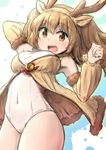  alternate_costume animal_costume antlers bell breasts covered_navel fur_trim hairband highres i-26_(kantai_collection) kantai_collection large_breasts light_brown_eyes light_brown_hair long_hair reindeer_antlers reindeer_costume school_swimsuit solo swimsuit two_side_up wamu_(chartreuse) white_school_swimsuit white_swimsuit 