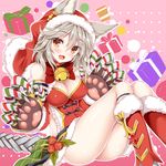  :3 :d animal_ears bangs bell blush boots box breasts christmas claw_(weapon) claws cleavage ears_through_headwear erune fang fur_trim gift gift_box granblue_fantasy grey_hair hair_between_eyes hood jingle_bell large_breasts looking_at_viewer open_mouth red_eyes sen_(granblue_fantasy) skirt smile solo tateha_(marvelous_grace) weapon 