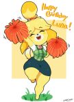  2018 absurd_res animal_crossing anthro blonde_hair canine clothed clothing dog english_text eyes_closed female hair hi_res isabelle_(animal_crossing) mammal mehdrawings nintendo open_mouth open_smile pom_poms shih_tzu signature smile solo text video_games 