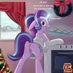  2016 anus blue_eyes blush butt christmas christmas_tree clitoris clothed clothing cookie cutie_mark equine female feral food friendship_is_magic fur hair holidays horn inside kitchen looking_at_viewer looking_back magic mammal multicolored_hair my_little_pony oven pink_fur pj-nsfw pussy smile solo starlight_glimmer_(mlp) tree two_tone_hair unicorn window winter 