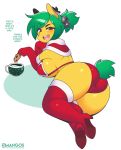  2018 3mangos big_breasts bikini breasts butt christmas clothing cookie cup dialogue equine eyebrows fan_character female food footwear gloves green_hair hair hi_res high_heels holidays horse legwear looking_at_viewer lying mammal mango_(character) milk my_little_pony open_mouth pony red_eyes shoes solo swimsuit text thigh_highs 