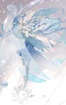  anklet barefoot barefoot_sandals blue_hair closed_eyes crossed_arms highres jewelry leg_up light_particles long_hair miracle_nikki profile snowflakes solo thighhighs toeless_legwear white_skin wind xiayu93 yukihime_(miracle_nikki) 