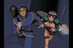  1boy 1girl 90s angel_links animated animated_gif belt black_hair bob_cut bounce bouncing_breasts breasts cleavage cleavage_cutout dress earrings elbow_gloves fingerless_gloves gloves hida_kousei huge_breasts jewelry li_meifon military_uniform purple_hair red_eyes running screencap short_hair shoulder_pads side_slit uniform 