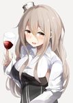  alcohol blush breasts brown_eyes cup drinking_glass hat highres kantai_collection large_breasts light_brown_hair long_hair mini_hat miyabino_(miyabi1616) open_mouth pola_(kantai_collection) sideboob simple_background smile solo wavy_hair wine wine_glass 