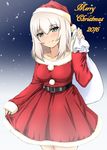 2016 bag bangs belt blush breasts closed_mouth commentary cowboy_shot cursive diesel-turbo dress english girls_und_panzer hat itsumi_erika light_smile long_hair looking_at_viewer medium_breasts merry_christmas night night_sky oversized_object red_dress red_hat santa_costume santa_hat short_dress skirt_hold sky smile solo standing 