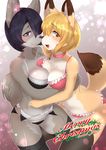  2016 anthro big_breasts black_hair black_nose blonde_hair blush bra breasts brown_fur buried_frog canine christmas cleavage clothed clothing dog female fox fur grey_fur hair hi_res holidays hug legwear lips mammal navel open_mouth orange_eyes panties purple_eyes short_hair standing stockings sweat tongue underwear yellow_fur 