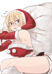  bare_shoulders blonde_hair blue_eyes blush breasts christmas elbow_gloves flying_sweatdrops fur_trim gloves grey_panties hat highres kinpatsu-chan_(rucchiifu) large_breasts midriff open_mouth original panties pantyshot red_gloves rucchiifu sack santa_costume santa_hat short_hair simple_background solo underwear white_background 