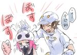  1girl aether_foundation_employee bandana_over_mouth closed_eyes commentary_request gloves hat open_mouth petting pink_hair pokemon pokemon_(game) pokemon_sm shirt skull_hat sweat tank_top team_skull_grunt translation_request unya white_gloves white_shirt 