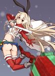 armpit_peek ass bell blonde_hair blurry boots box capelet christmas crop_top depth_of_field elbow_gloves full_body gift gift_box gloves highleg highleg_panties highres jumping kantai_collection legs_up long_hair looking_at_viewer microskirt open_mouth outstretched_arms panties red_gloves red_legwear sack shimakaze_(kantai_collection) skirt solo takanashi_kei_(hitsujikan) thighhighs underwear yellow_eyes 