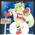  1girl :3 animal blush breasts christmas christmas_tree cleavage duel_monster eyepatch gift_bag gradient_hair green_eyebrows green_hair midriff orange_hair panties penguin pilica_descendant_of_gusto santa_hat snowman spore spritual_beast_rampengu striped_panties yu-gi-oh! 