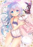  anko_(gochiusa) bare_legs blue_eyes blue_hair blush bunny chestnut_mouth clothes_hanger collarbone crown gochuumon_wa_usagi_desu_ka? hair_ornament hairband kafuu_chino long_hair looking_at_viewer mitsumomo_mamu nightgown no_panties solo tippy_(gochiusa) uniform wild_geese x_hair_ornament 