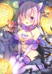  alternate_costume animal_ears artoria_pendragon_(all) bare_shoulders blurry blush breasts character_doll chihiro_(khorosho) cleavage commentary_request dangerous_beast depth_of_field elbow_gloves elizabeth_bathory_(brave)_(fate) elizabeth_bathory_(fate)_(all) eyebrows_visible_through_hair eyes_visible_through_hair fang fate/grand_order fate_(series) fur-trimmed_gloves fur-trimmed_legwear fur_collar fur_trim gloves hair_over_one_eye halloween_costume highres jack-o'-lantern large_breasts looking_at_viewer mash_kyrielight navel open_mouth purple_eyes purple_hair saber sitting solo tail tawawa_challenge thighhighs thighs v_arms wariza wolf_ears wolf_tail 