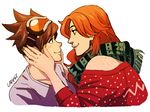  artist_name bare_shoulders brown_hair casual couple emily_(overwatch) face-to-face freckles from_side goggles goggles_on_head green_scarf hands_on_another's_face ladygt93 long_hair looking_at_another multiple_girls orange_hair overwatch scarf short_hair smile tracer_(overwatch) upper_body yuri 