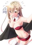  artist_name bare_shoulders bespectacled blonde_hair blush breasts cape cleavage collarbone dated detached_collar embarrassed glasses hair_flaps hair_ornament hair_tie hairclip kantai_collection long_hair medium_breasts nekobaka open_mouth red_shorts remodel_(kantai_collection) shorts simple_background solo thighhighs twitter_username white_background white_legwear yuudachi_(kantai_collection) 