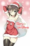  ;q armpits arms_behind_head arms_up bare_shoulders black_hair blue_eyes blush breasts christmas collarbone elbow_gloves fur_trim gloves hair_ribbon hat heart highres looking_at_viewer merry_christmas one_eye_closed original red_gloves ribbon sack santa_costume santa_hat short_hair skindentation sky_(freedom) sky_(sky-freedom) small_breasts smile solo strapless_santa_dress thighhighs tongue tongue_out two_side_up zettai_ryouiki 