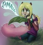  anthro blonde_hair clothed clothing english_text eyebrows eyelashes female fluffy fluffy_tail grass green_eyes hair kneeling self_aware solo text zenirix 