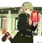  :&gt; artist_name black_legwear blush boots christmas commentary duffel_coat gift green_hair headphones holding holding_gift leg_up long_hair looking_at_viewer merry_christmas mittens noco_(adamas) original pantyhose shop signature smile snow solo yellow_eyes 