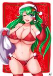  alternate_costume alternate_hair_ornament ass_visible_through_thighs bag bikini blue_eyes blush breasts christmas collarbone covered_nipples cowboy_shot earrings elbow_gloves gloves green_hair hair_ornament hand_up hat highres hips huge_breasts ibara_azuki jewelry kochiya_sanae lips long_hair looking_at_viewer micro_bikini navel one_eye_closed open_mouth pom_pom_(clothes) red_background red_bikini red_gloves reflective_eyes reindeer_hair_ornament santa_hat shiny shiny_hair signature skindentation smile snake_hair_ornament solo star starry_background string_bikini swimsuit teeth thighhighs thighs toned tongue touhou v very_long_hair 