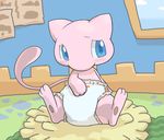  ambiguous_gender blue_eyes blush carpet diaper feral fur legendary_pok&eacute;mon mew nintendo pink_fur pok&eacute;mon rug sitting solo video_games wadorigi 