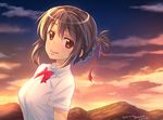 2016 bangs black_hair blush bow bowtie breasts brown_eyes closed_mouth commentary_request dated dress_shirt folded_ponytail hair_ribbon kimi_no_na_wa looking_at_viewer medium_breasts miyamizu_mitsuha mountain nanase_meruchi red_bow red_neckwear red_ribbon ribbon shirt short_hair short_sleeves smile solo sunset twitter_username upper_body white_shirt 