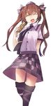  :d ^_^ ass_visible_through_thighs bangs black_neckwear brown_hair cellphone checkered checkered_skirt closed_eyes commentary_request cowboy_shot dress_shirt facing_viewer frilled_shirt_collar frills hair_ribbon hat himekaidou_hatate kamukamu_(ars) long_hair miniskirt necktie open_mouth phone pointy_ears purple_ribbon ribbon shirt short_sleeves skirt smile solo thighhighs tokin_hat touhou twintails white_shirt 