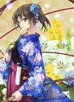  alternate_costume blue_kimono bow brown_eyes brown_gloves brown_hair checkered checkered_background fingerless_gloves floral_background floral_print flower gloves hair_flower hair_ornament japanese_clothes kaga_(kantai_collection) kantai_collection kimono looking_at_viewer muneate obi sash side_ponytail single_glove smile solo wide_sleeves yahako yukata 