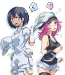  ? aether_foundation_employee bare_shoulders black_hair black_shirt blush brown_eyes commentary dark_skin gloves hat multiple_girls open_mouth pantyhose pink_eyes pink_hair pokemon pokemon_(game) pokemon_sm punk_girl_(pokemon) red_eyes shirt short_hair short_jumpsuit short_shorts shorts spoken_question_mark tank_top team_skull_grunt uniform unya white_legwear white_shirt wristband 