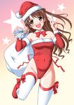  ass_visible_through_thighs brown_eyes brown_hair christmas fur_trim hat idolmaster idolmaster_cinderella_girls leotard long_hair red_leotard sack santa_costume santa_hat shimamura_uzuki solo strapless strapless_leotard thighhighs v white_legwear yukimura_hajime 