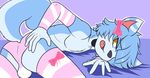  amber_eyes anthro arm_warmers bed blue_fur blue_hair bow bulge canine clothing coyote cracker_(artist) cute fur girly hair leg_warmers legwear male mammal nipples on_bed open_mouth teeth tongue underwear wiggle_coyote 