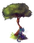  anthro barefoot blue_hair breasts cat clothed clothing feline female fur grass hair mammal purple_fur simple_background sitting smile solo tree white_background zenirix 
