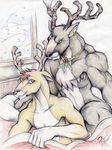  anthro antlers athletic bed blitzen cervine christmas donner dudebulge ear_piercing holidays horn jewelry male male/male mammal naughty_face necklace nude on_bed pencil_(artwork) piercing pillow reindeer signature smile snow tasteful_nudity traditional_media_(artwork) under_covers window 