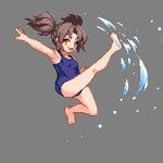 :d armpits bangs bare_arms bare_legs blue_swimsuit breasts brown_hair floating_hair full_body grey_background kicking kneepits lowres m.u.g.e.n mizuhara_nayuu one-piece_swimsuit open_mouth orange_eyes pixel_art school_swimsuit shirokuro_(oyaji) short_hair short_twintails sidelocks simple_background small_breasts smile solo swimsuit tongue twintails v-shaped_eyebrows water 
