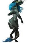  4_fingers blue_hair breasts digitigrade dragon female fur furred_dragon grey_fur hair horn navel nipples simple_background solo standing white_background wide_hips yellow_eyes zenirix 