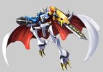  arm_cannon armor bandai blue_eyes cape claws digimon full_armor horns male_focus mecha monster no_humans omegamon royal_knights sword weapon 