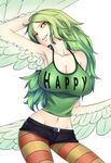  arm_behind_head armpits breasts cleavage clothes_writing collarbone cowboy_shot derivative_work feathered_wings feathers green_hair groin harpy head_tilt highres impossible_clothes impossible_shirt large_breasts lchrno long_hair looking_at_viewer midriff monet_(one_piece) monster_girl navel one_piece pantyhose parted_lips shirt short_shorts shorts simple_background smile solo striped striped_legwear tail_feathers tank_top teeth wavy_hair white_background wings yellow_eyes 
