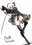  ass_visible_through_thighs black_dress black_legwear blindfold boots breasts copyright_name dress dual_wielding full_body hairband high_heel_boots high_heels highleg highleg_leotard holding holding_sword holding_weapon leotard medium_breasts mole mole_under_mouth nier_(series) nier_automata parted_lips short_dress simple_background solo sword thigh_boots thighhighs thighs weapon white_background white_hair white_leotard yorha_no._2_type_b yunar 
