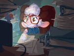  2016 anthro binder caprine chair clothed clothing colored computer computer_mouse dawn_bellwether disney eyewear female fur glasses green_eyes hooves horn mammal miss-gardner monitor paper plushie sheep sitting solo sweater white_fur wool zootopia 