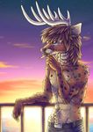  anthro arm_support blue_eyes cervine cheetah cigarette clothing deer fangs feline half-closed_eyes horn hybrid jeans male mammal muscular olly_(character) pants sea smoking solo spots spotted_skin sunset tagme water 
