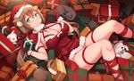  animal_ears arm_strap breasts brown_hair cat cat_ears cat_tail christmas cleavage gift gloves green_eyes hair_ribbon hat highres holding large_breasts leg_ribbon long_hair looking_at_viewer low_twintails lying on_back original red_gloves ribbon santa_costume santa_hat smile solo tail thigh_strap twintails zenn 