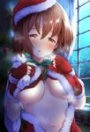  bad_id bad_twitter_id bangs bell blush breasts breath brown_eyes brown_hair capelet christmas_tree commentary curtains fingerless_gloves fur-trimmed_gloves fur_trim garana gloves green_ribbon hagiwara_yukiho hair_between_eyes half-closed_eyes hat idolmaster idolmaster_(classic) indoors large_breasts looking_at_viewer navel night red_gloves ribbon santa_costume santa_hat shirt_lift short_hair solo underboob window 