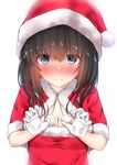  absurdres black_hair blue_eyes blush breasts capelet cleavage commentary gloves go-1 hat highres idolmaster idolmaster_cinderella_girls long_hair looking_at_viewer medium_breasts sagisawa_fumika santa_costume santa_hat simple_background solo white_background white_gloves 