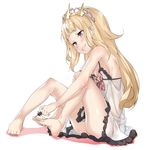  bangs bare_arms bare_legs bare_shoulders barefoot blonde_hair blush bow breasts cagliostro_(granblue_fantasy) commentary_request dress ebifurya eyebrows_visible_through_hair feet frilled_dress frills full_body granblue_fantasy hairband highres holding long_hair looking_at_viewer makeup nail_polish open_mouth painting_nails pedicure pink_nails plaid plaid_bow purple_eyes see-through simple_background sitting small_breasts smile solo strap_slip toenail_polish white_background white_dress 