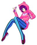  animal_ears blue_eyes bob_cut california_king_bed fake_animal_ears full_body higashikata_daiya highres hood jojo_no_kimyou_na_bouken jojolion legs long_legs pantyhose plantar_flexion purple_hair sitting solo stand_(jojo) striped striped_legwear tariah_furlow thighs vertical-striped_legwear vertical_stripes 