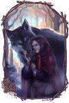 animal aureolin31 basket big_bad_wolf_(grimm) black_eyes day floral_print forest from_side grey_hair grimm's_fairy_tales highres little_red_riding_hood little_red_riding_hood_(grimm) long_sleeves looking_at_viewer nature old_woman original outdoors oversized_animal parted_lips wolf yellow_sclera 