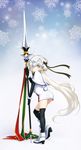  :t bell black_gloves black_legwear blonde_hair blush boots capelet dress elbow_gloves fate/grand_order fate_(series) frown full_body fur_trim gloves green_ribbon hair_over_one_eye hair_ribbon headpiece highres holding holding_weapon jeanne_d'arc_(fate)_(all) jeanne_d'arc_alter_santa_lily kazuma_muramasa lance long_hair looking_at_viewer looking_back polearm pout red_ribbon ribbon short_dress snowflake_background snowflakes solo striped striped_ribbon thighhighs thighs very_long_hair weapon white_dress yellow_eyes 