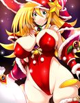  alternate_costume ass_visible_through_thighs bell big_hair blonde_hair blush_stickers breasts christmas closed_mouth commentary_request covered_navel covered_nipples cowboy_shot curvy dark_magician_girl duel_monster fur_trim green_eyes hair_between_eyes hat highleg highleg_leotard large_breasts leotard long_hair partially_visible_vulva red_legwear red_leotard sack smile solo star thighhighs tsukasawa_takamatsu vambraces wizard_hat yuu-gi-ou 